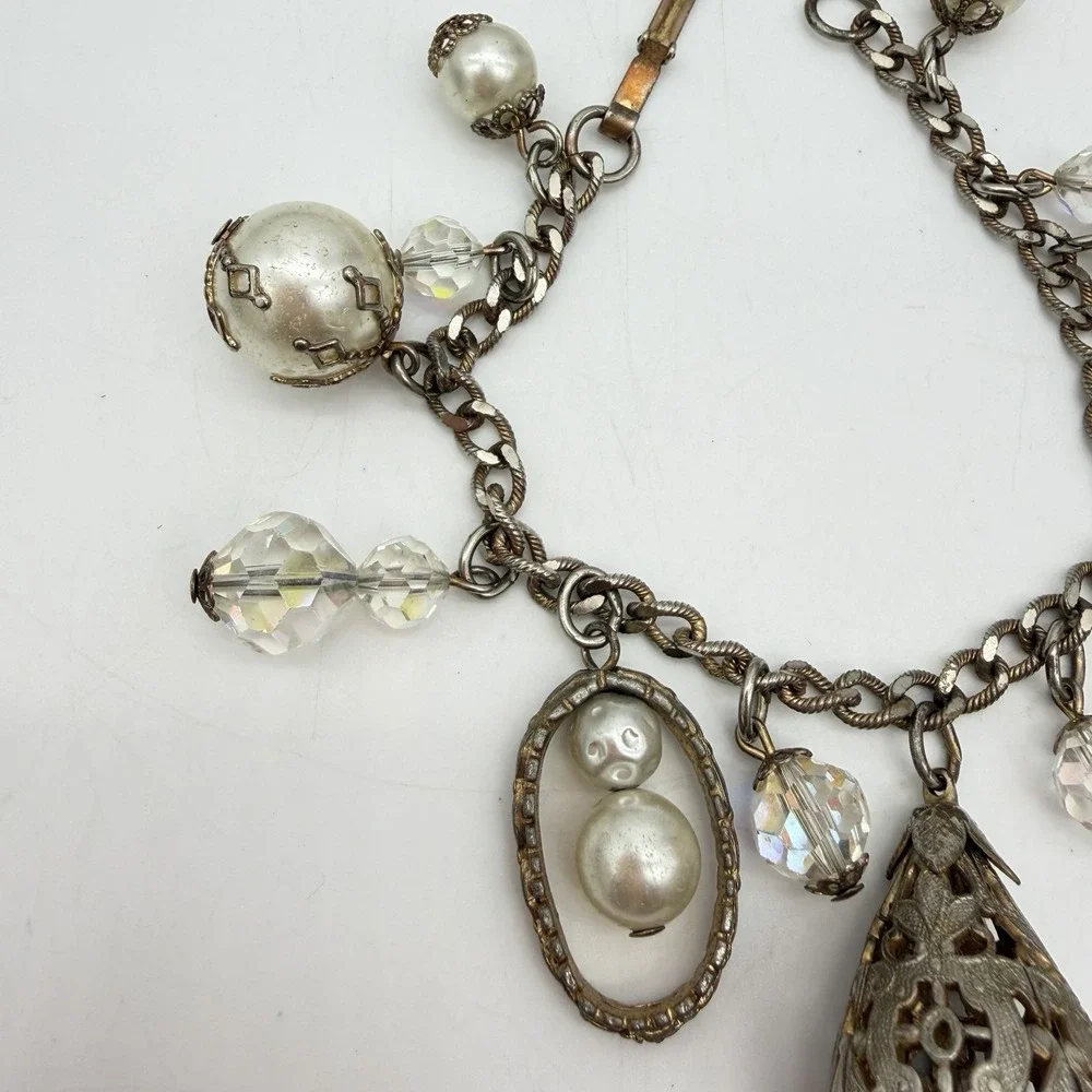 Vintage Charm Bracelet Dangling AB Crystal Faux Pearl Ball Filigree Read